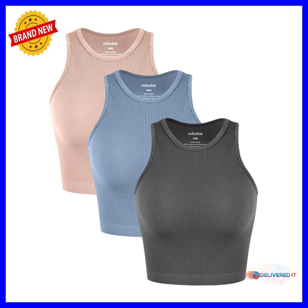 Seamless Ribbed Crop Tank Top 3-Pack Slim Fit Lightweight Workout